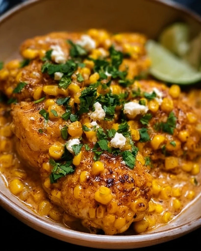 Bowl of Slow Cooker Street Corn Chicken garnished with cheese and cilantro