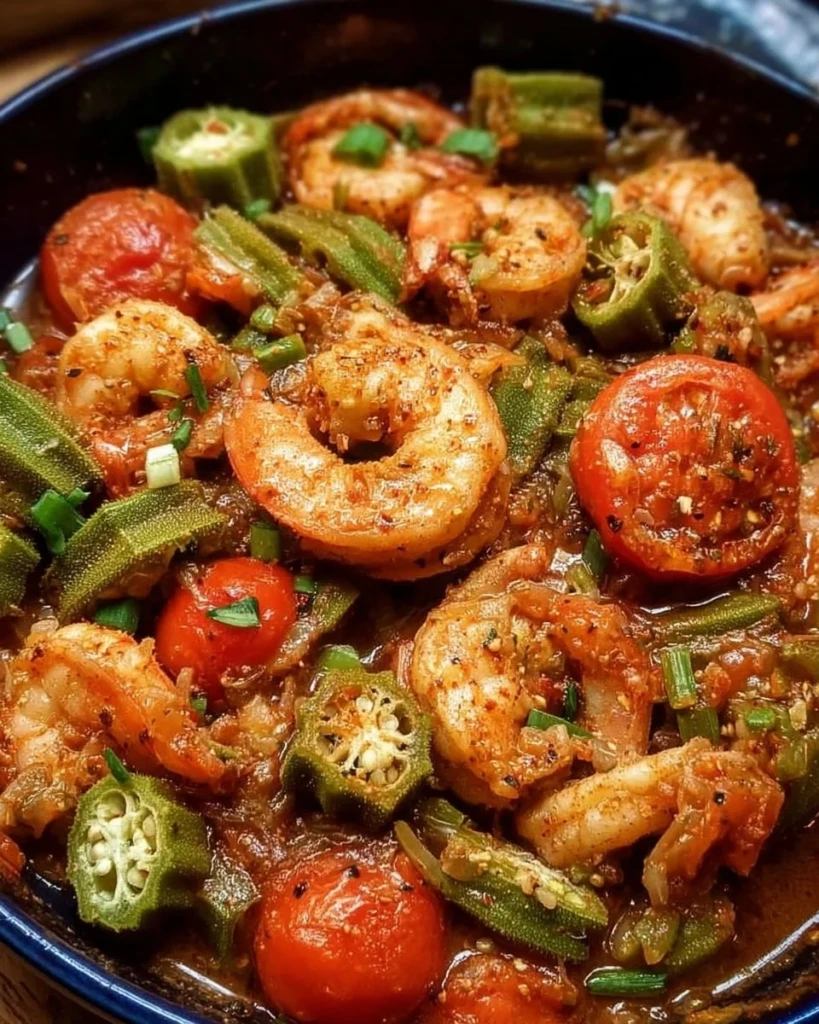 Delicious Smothered Okra with Shrimp and Tomatoes served in a bowl