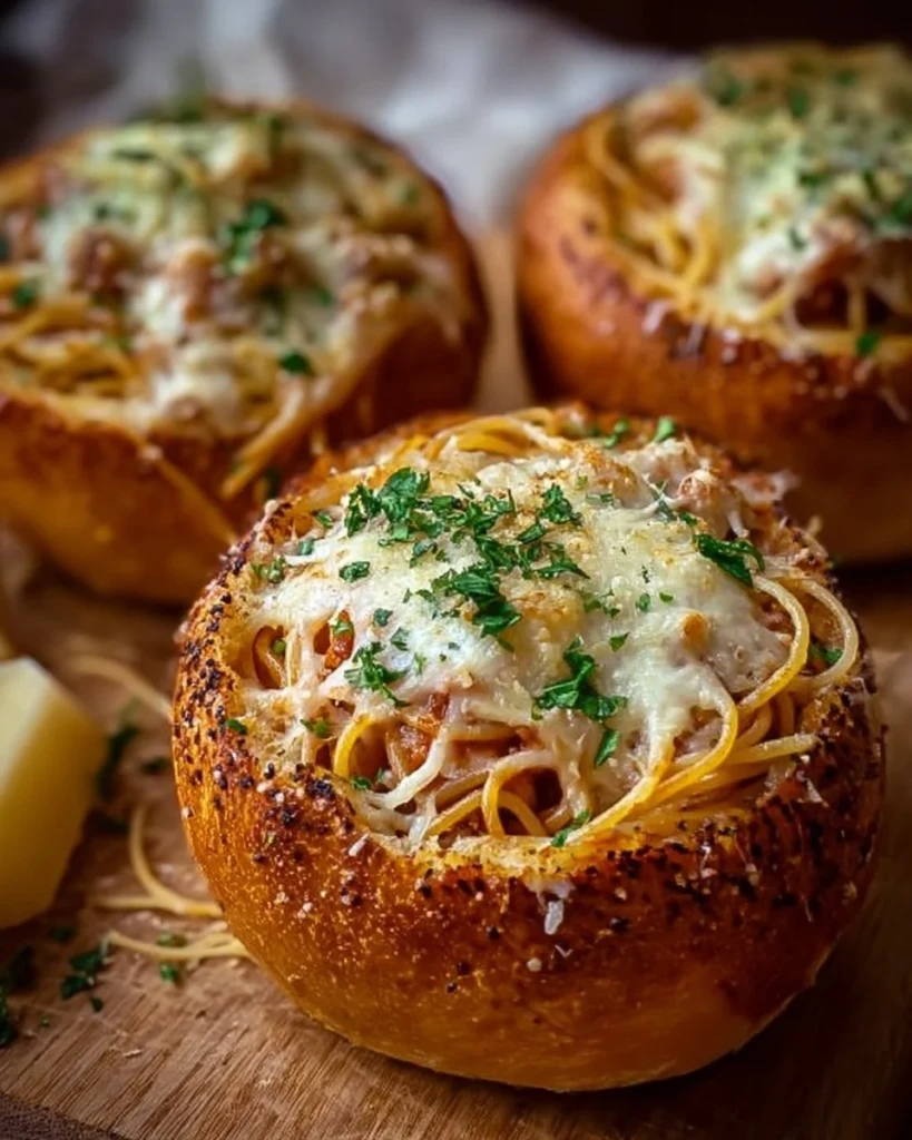 Spaghetti garlic bread bowls filled with rich spaghetti and topped with garlic butter