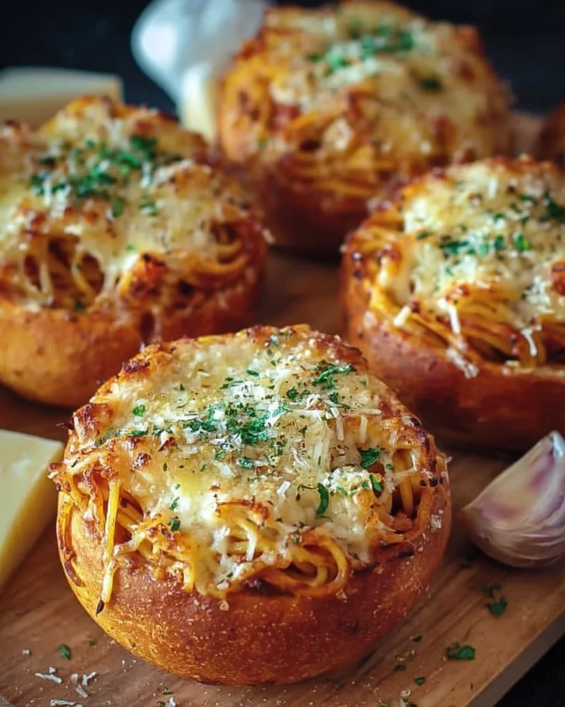 Spaghetti garlic bread bowls with a delicious serving of pasta and crispy garlic bread.