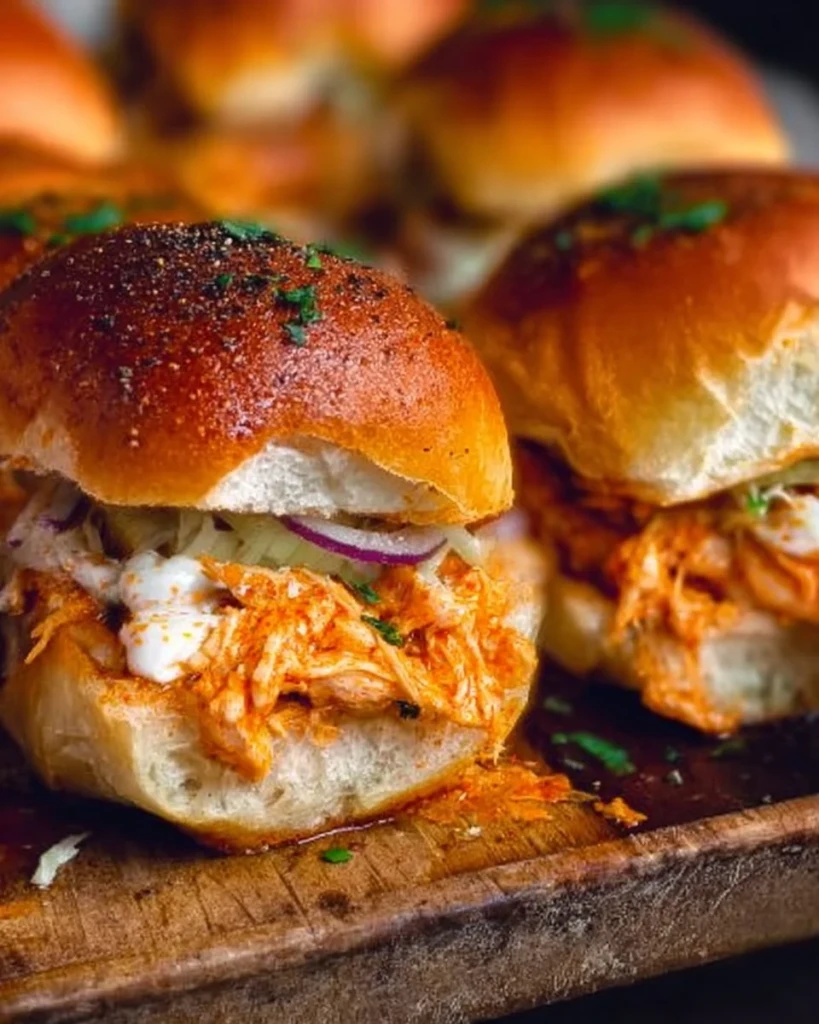 Delicious spicy Buffalo chicken sliders served on a platter.