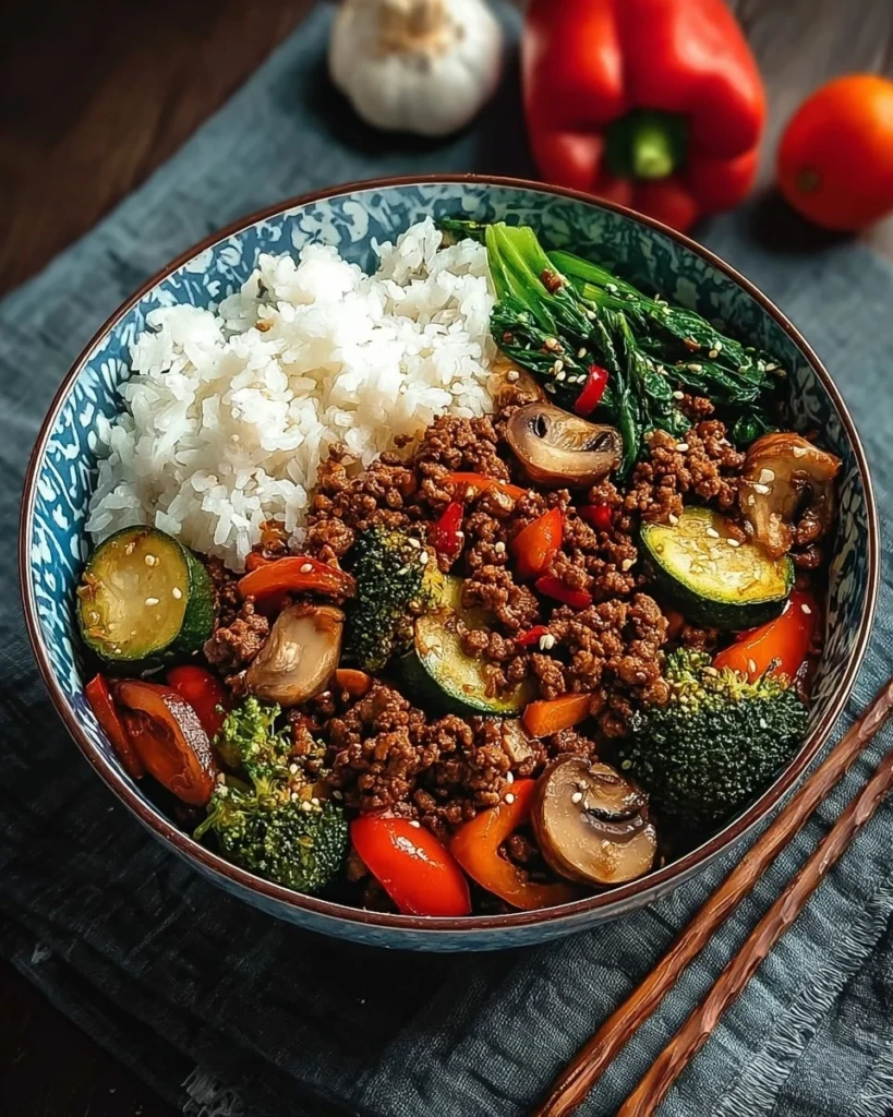 Spicy ground beef stir-fry bowl with garlic vegetables and rice
