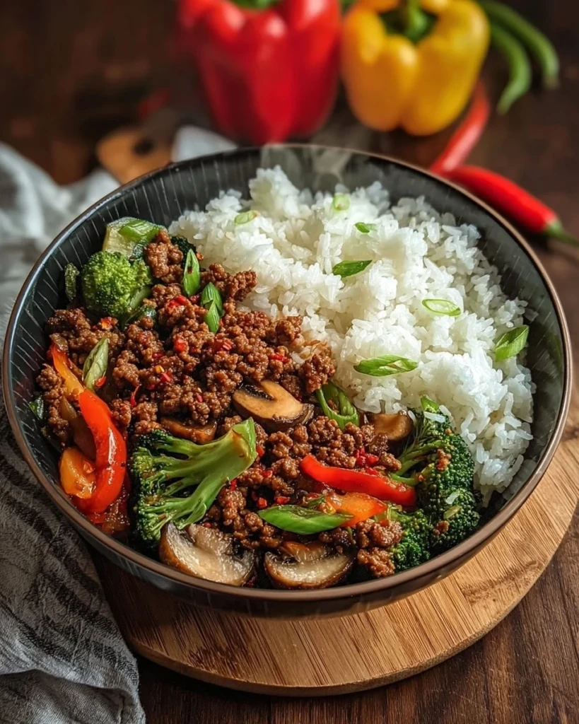 Spicy ground beef stir-fry bowl with garlic vegetables and rice