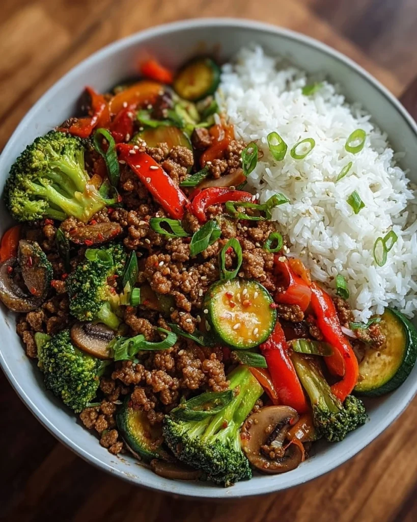 Spicy ground beef stir-fry bowl with garlic vegetables and rice