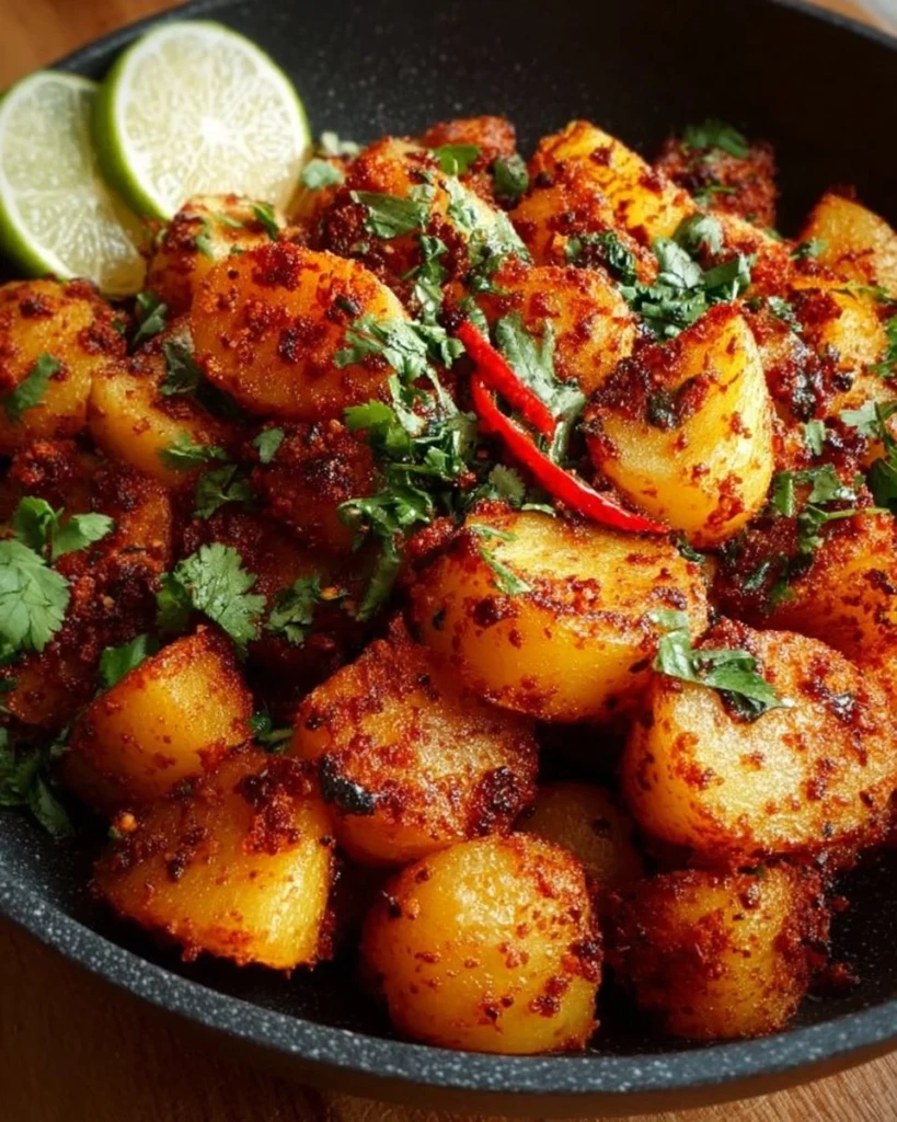 Spicy Mexican street potatoes garnished with fresh cilantro and lime.