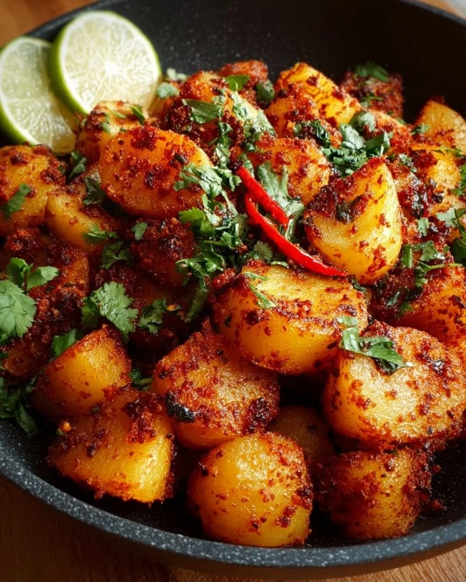 Spicy Mexican street potatoes garnished with fresh cilantro and lime.