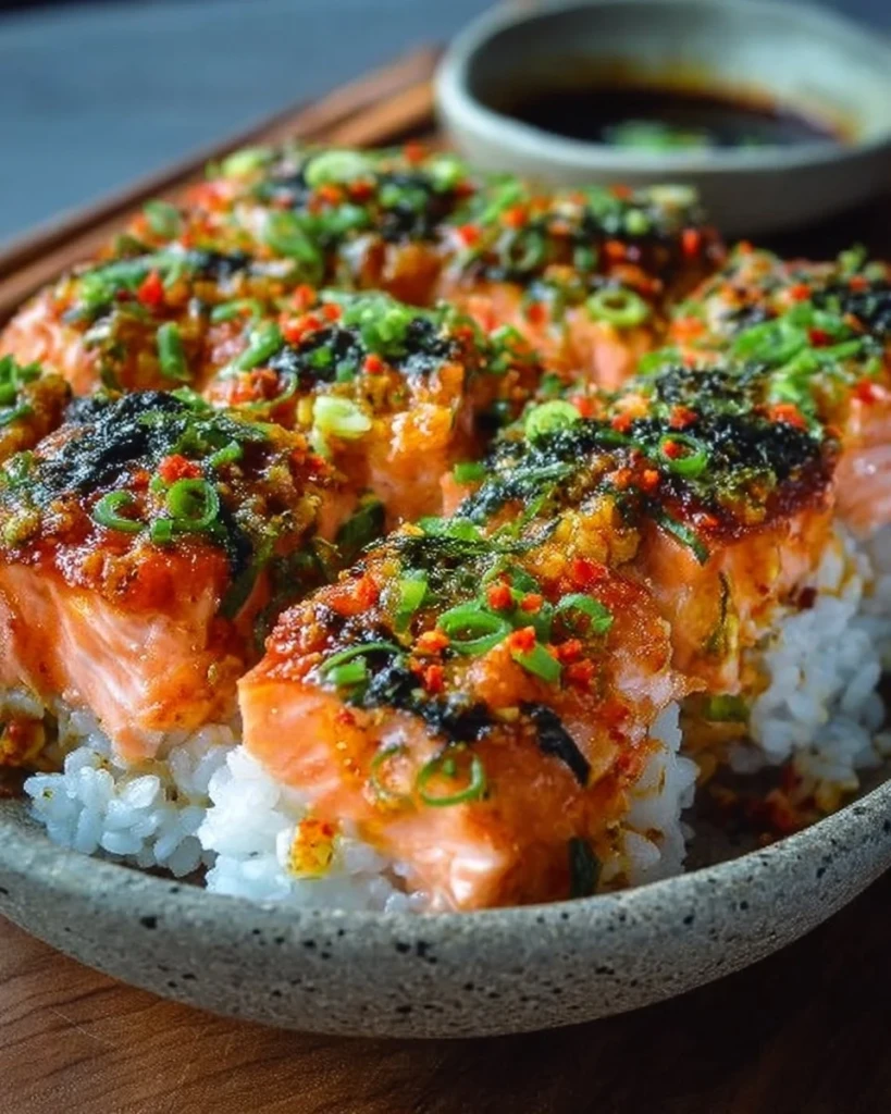 Delicious Spicy Salmon Sushi Bake served in a dish, topped with green onions.