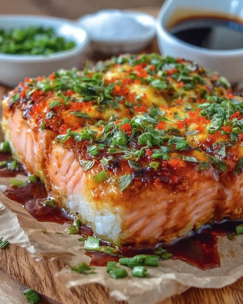 Delicious Spicy Salmon Sushi Bake topped with creamy sauce and crispy onions.