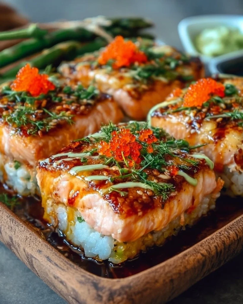 Baked spicy salmon sushi topped with creamy sauce and served in a dish.