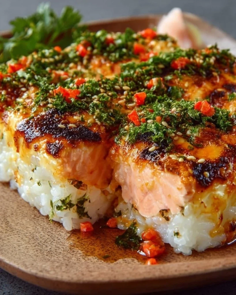 Spicy salmon sushi bake in a ceramic dish, topped with green onions and sauce.
