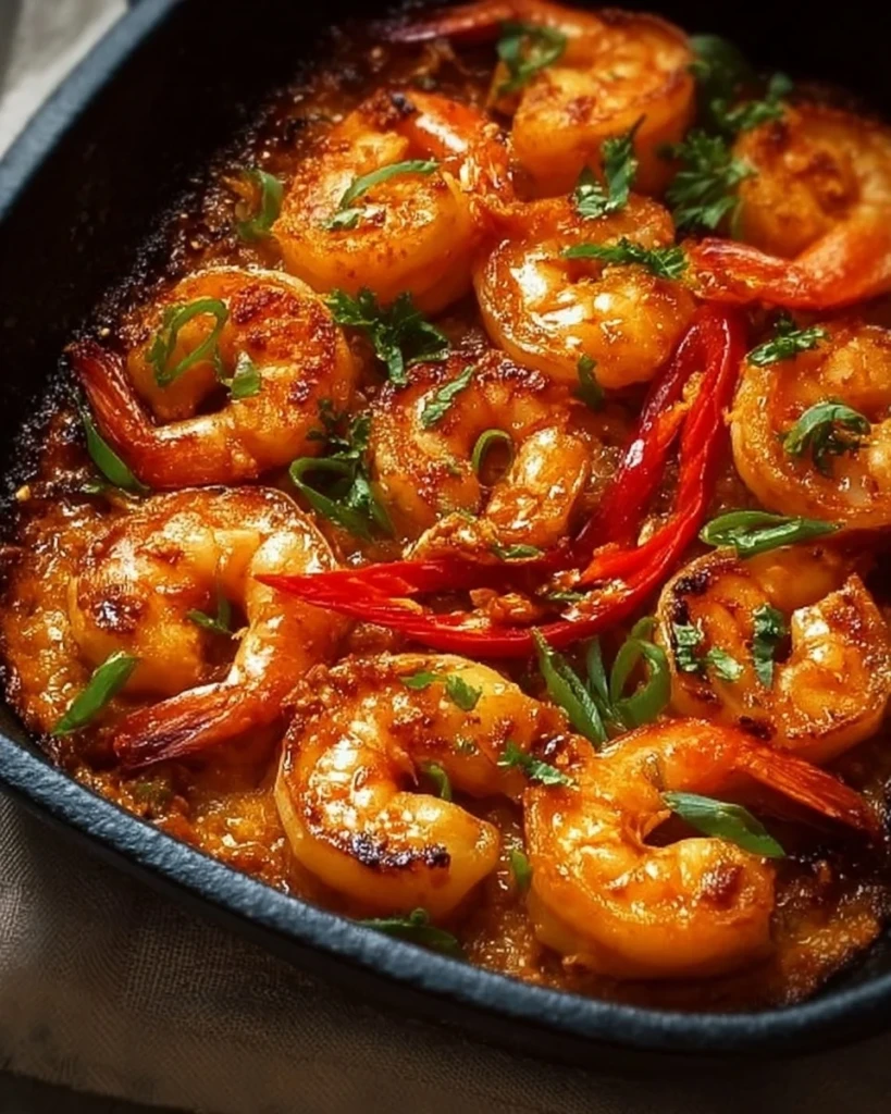 Delicious Spicy Voodoo Shrimp served with vibrant spices and herbs.