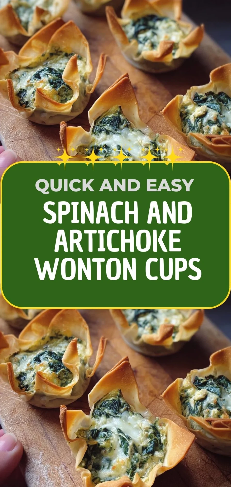 Baked spinach and artichoke wonton cups served on a platter