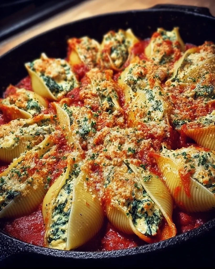 Plate of spinach and ricotta stuffed shells with marinara sauce