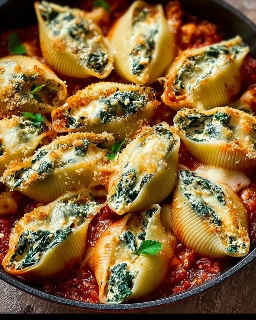 Spinach and ricotta stuffed shells served on a plate with marinara sauce