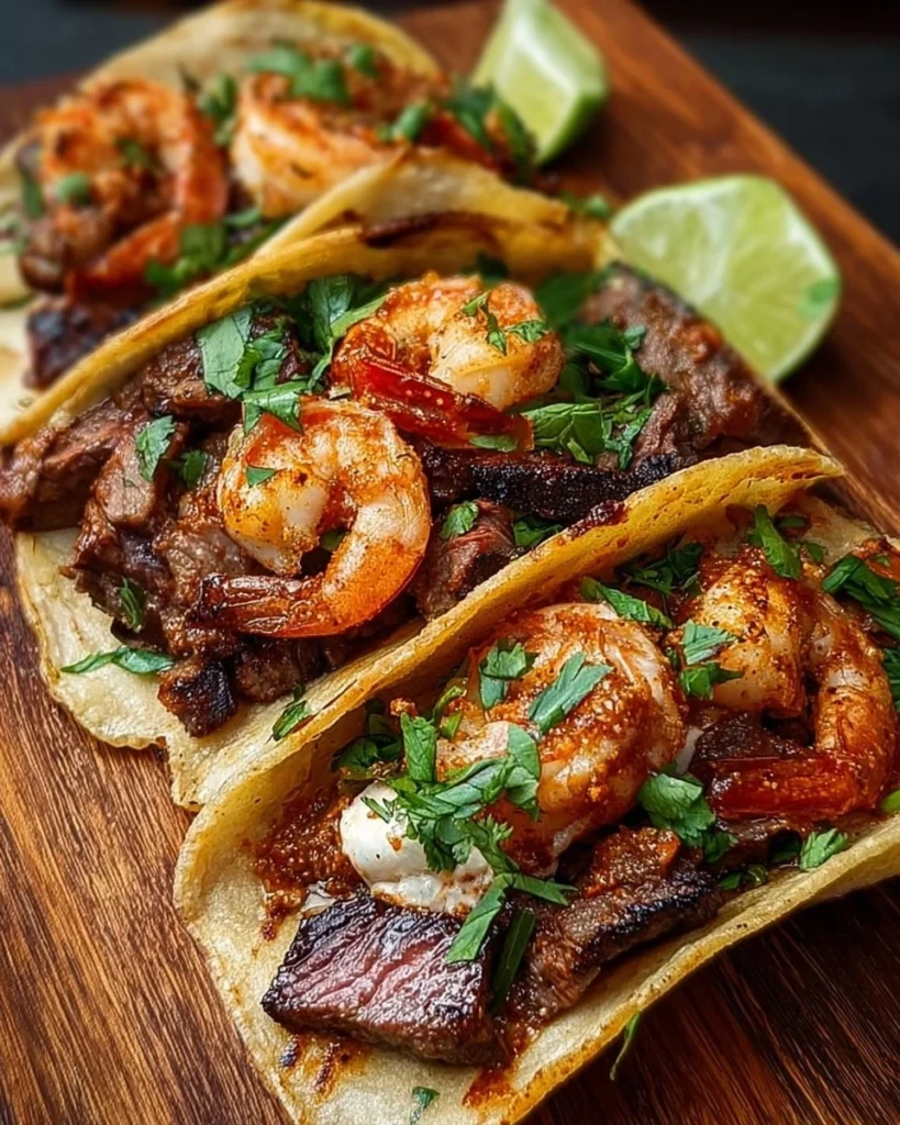 Delicious Steak and Shrimp Tacos served with fresh toppings and lime wedges.