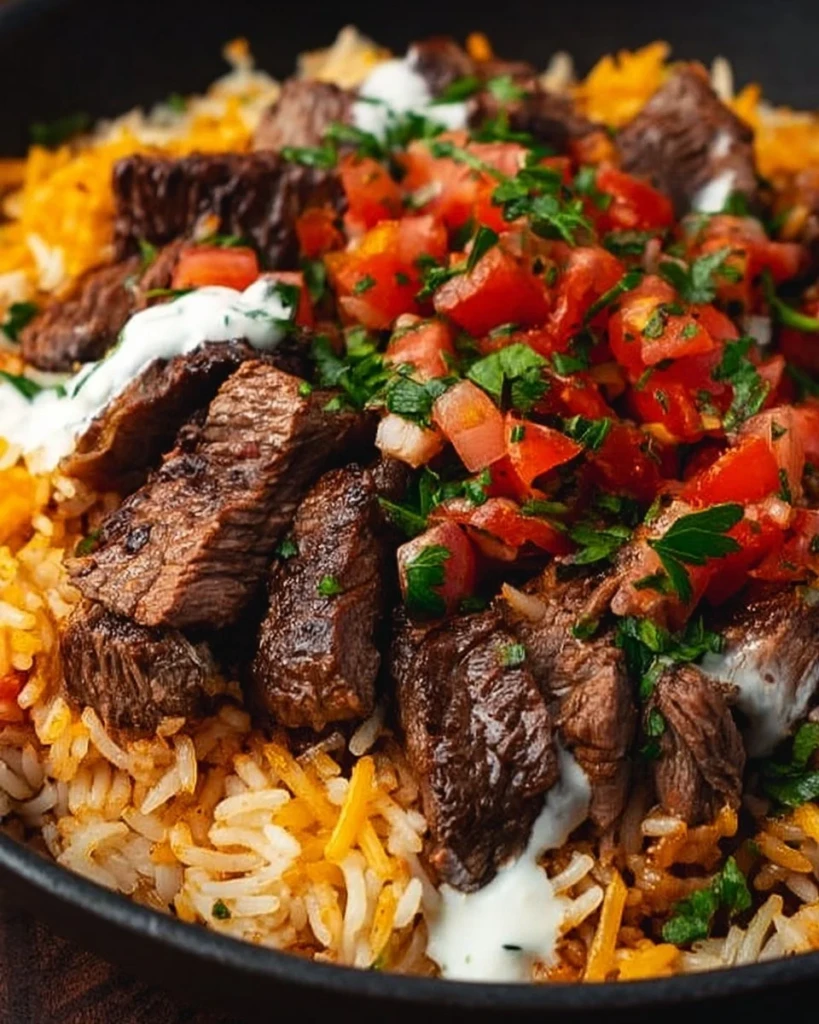 Delicious Steak Queso Rice beautifully plated with toppings