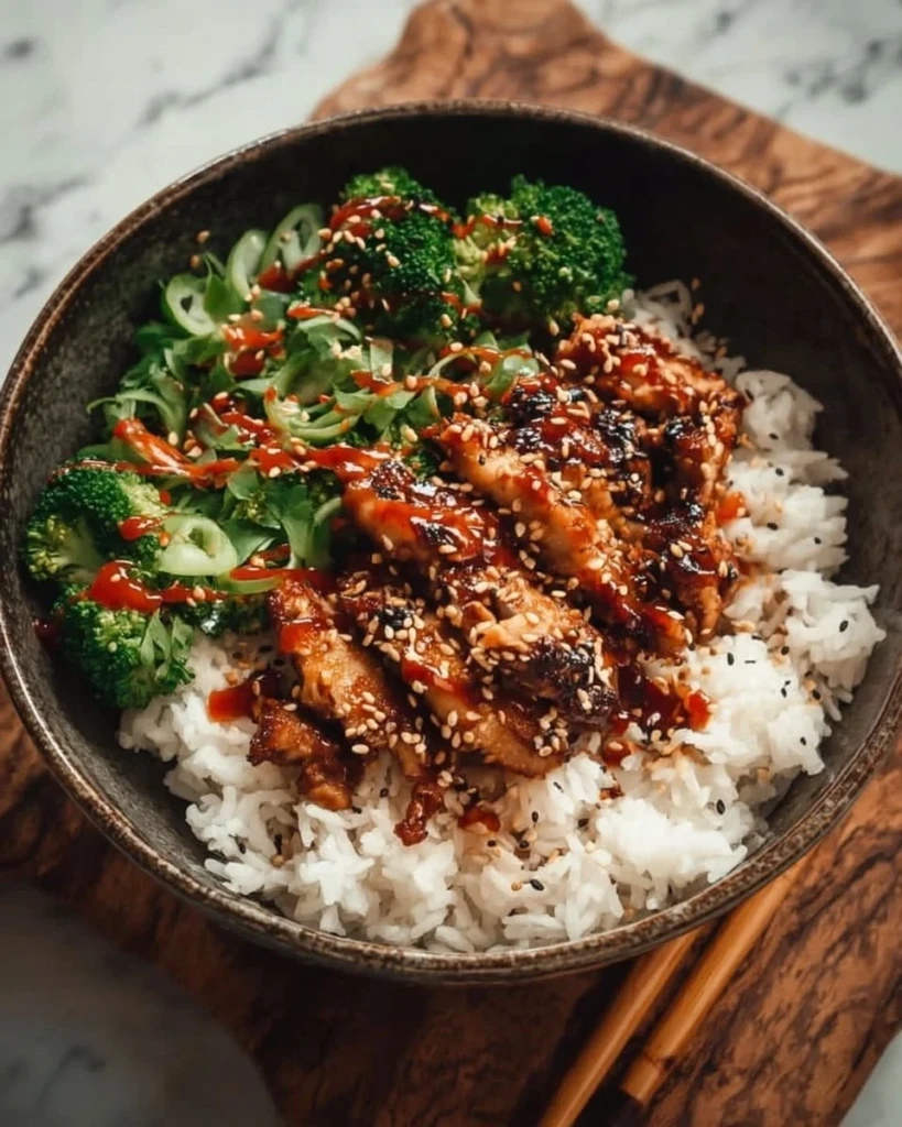 Delicious sticky chicken rice bowl garnished with fresh herbs and vegetables.