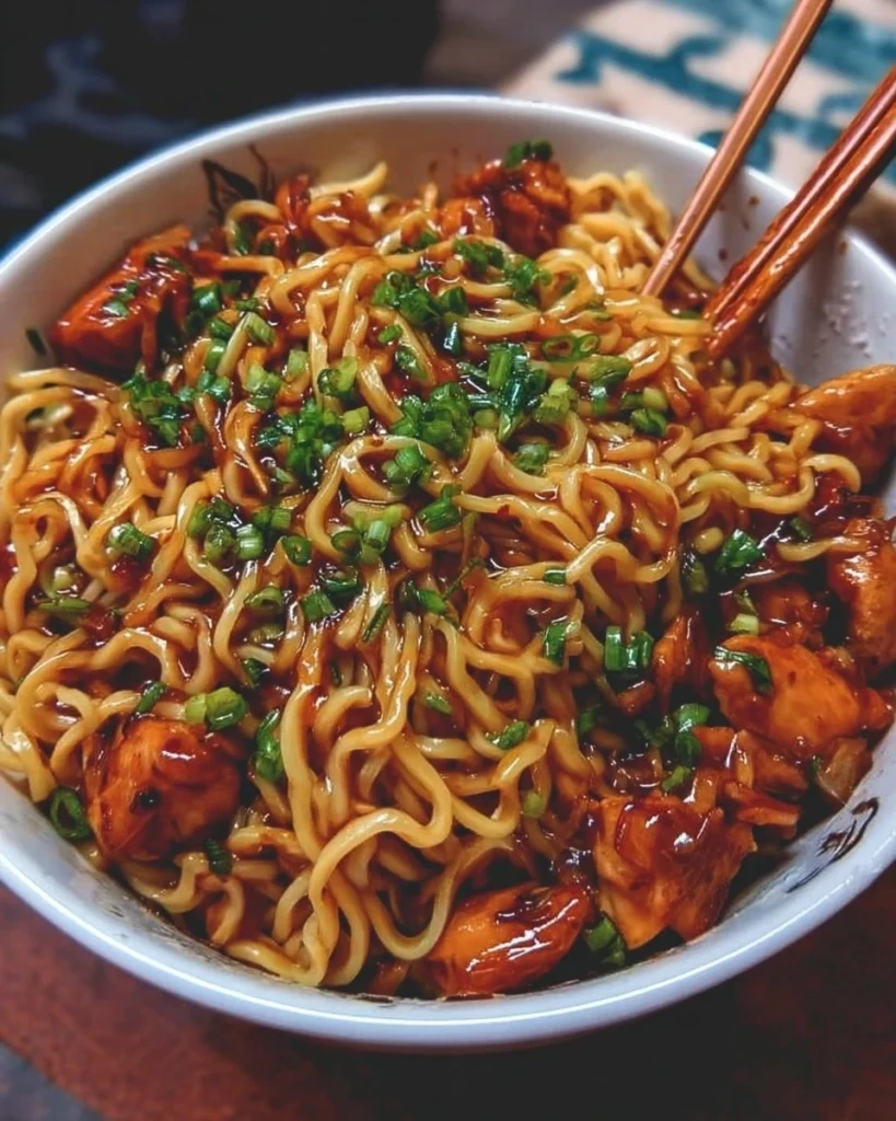 Delicious sticky garlic chicken noodles served in a bowl with fresh herbs