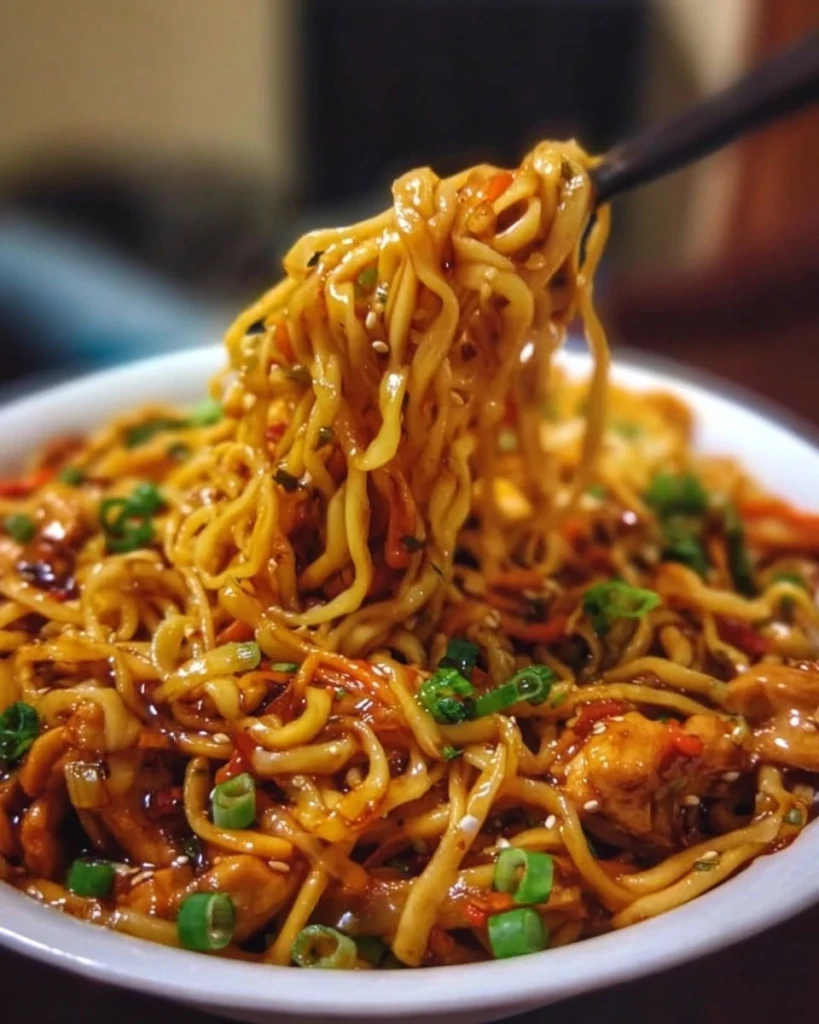 Sticky garlic chicken noodles dish garnished with green onions