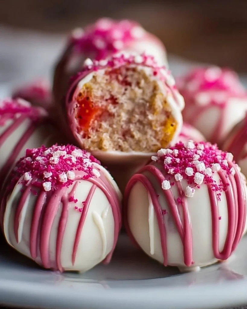Delicious strawberry cheesecake truffle balls on a platter
