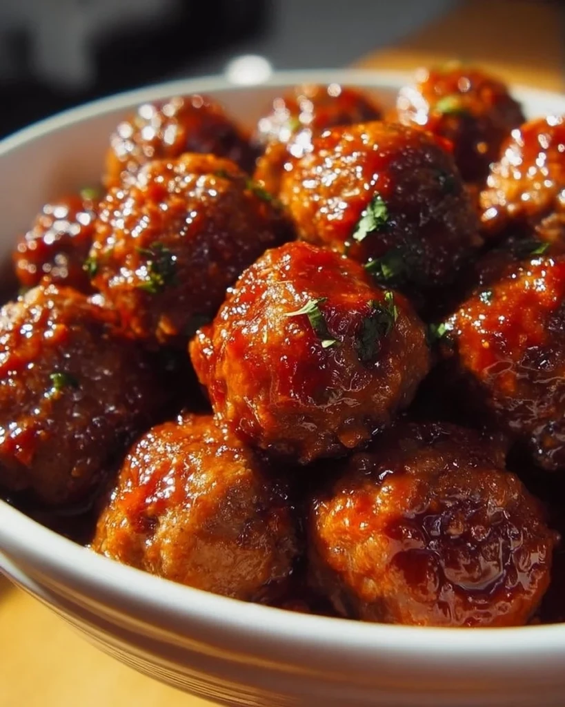 Delicious sweet chili meatballs served on a plate with garnish.
