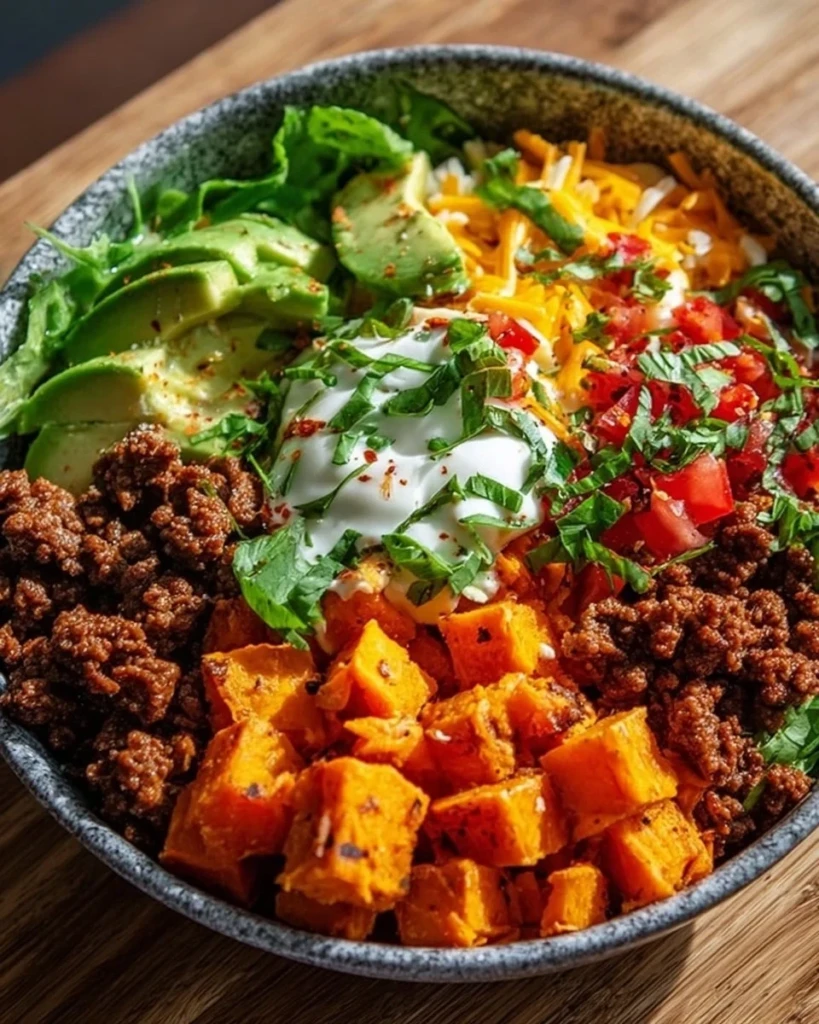Delicious sweet potato taco bowl with colorful vegetables and toppings