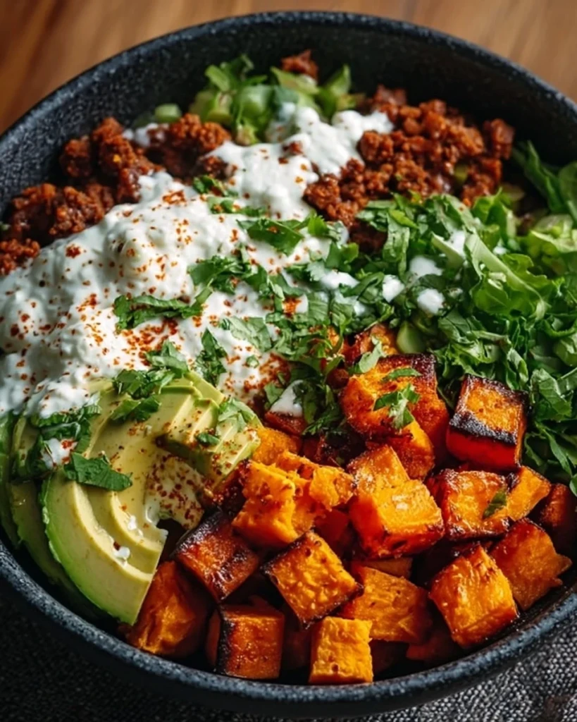 Sweet Potato Taco Bowl topped with fresh vegetables and avocado