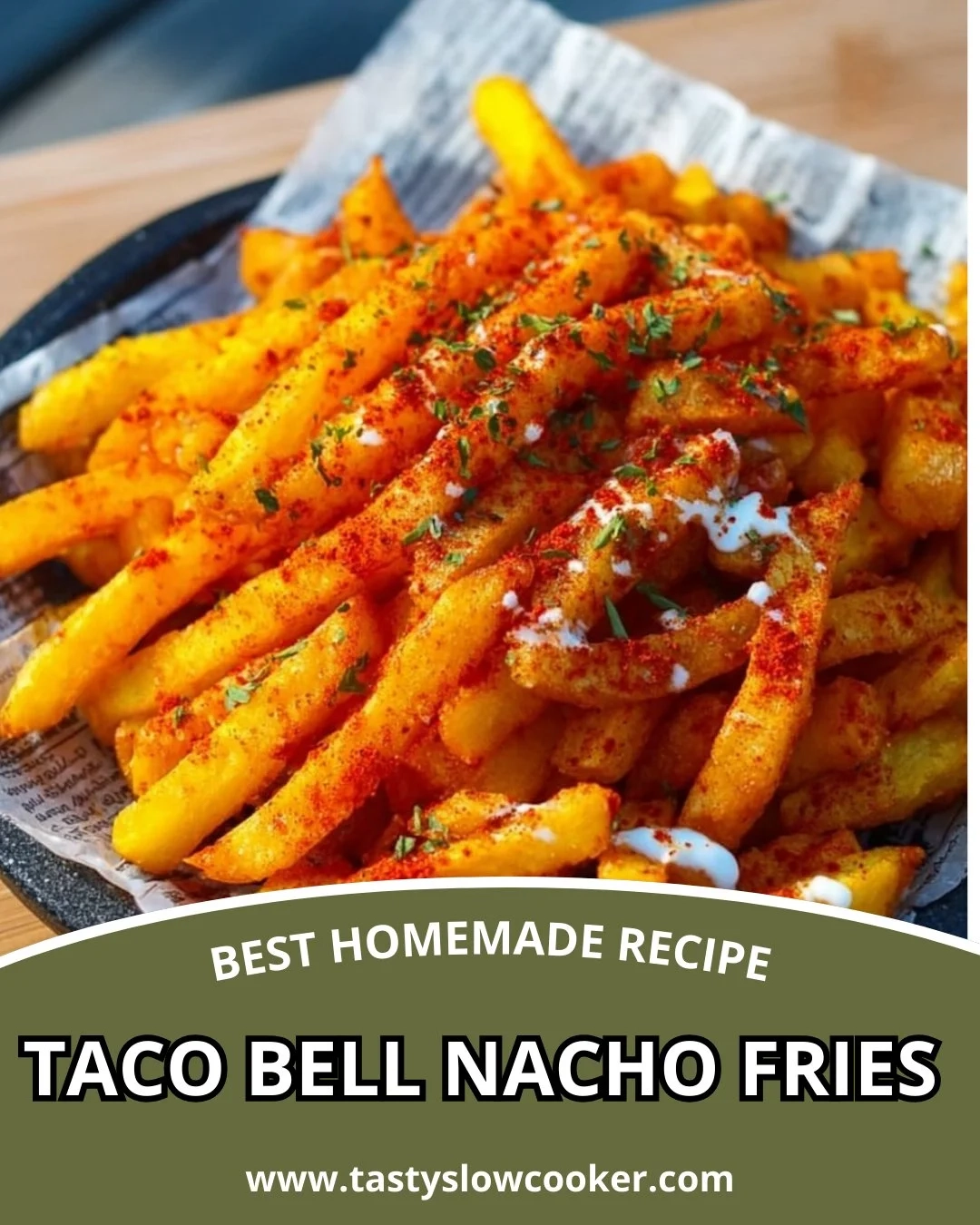 Homemade Taco Bell nacho fries with cheese and toppings served in a bowl.