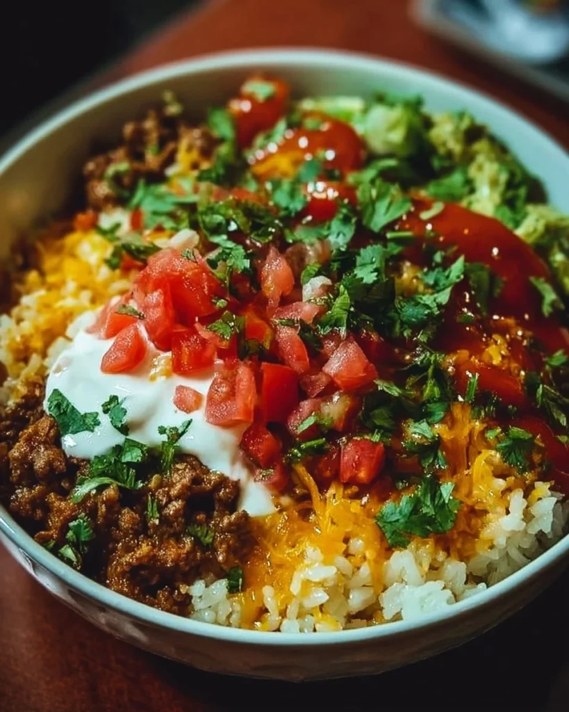 Delicious Taco Rice Bowl with vibrant toppings and seasoned ingredients
