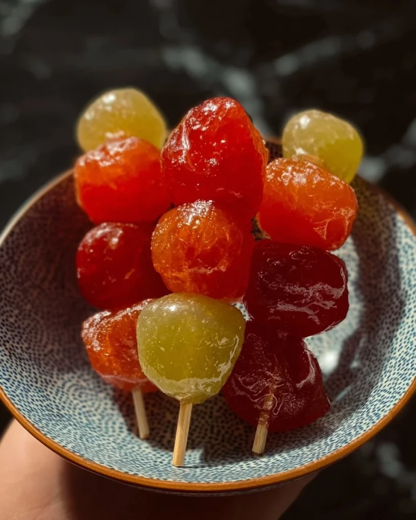 Homemade Tanghulu, traditional Chinese candied fruit on skewers with a shiny glaze
