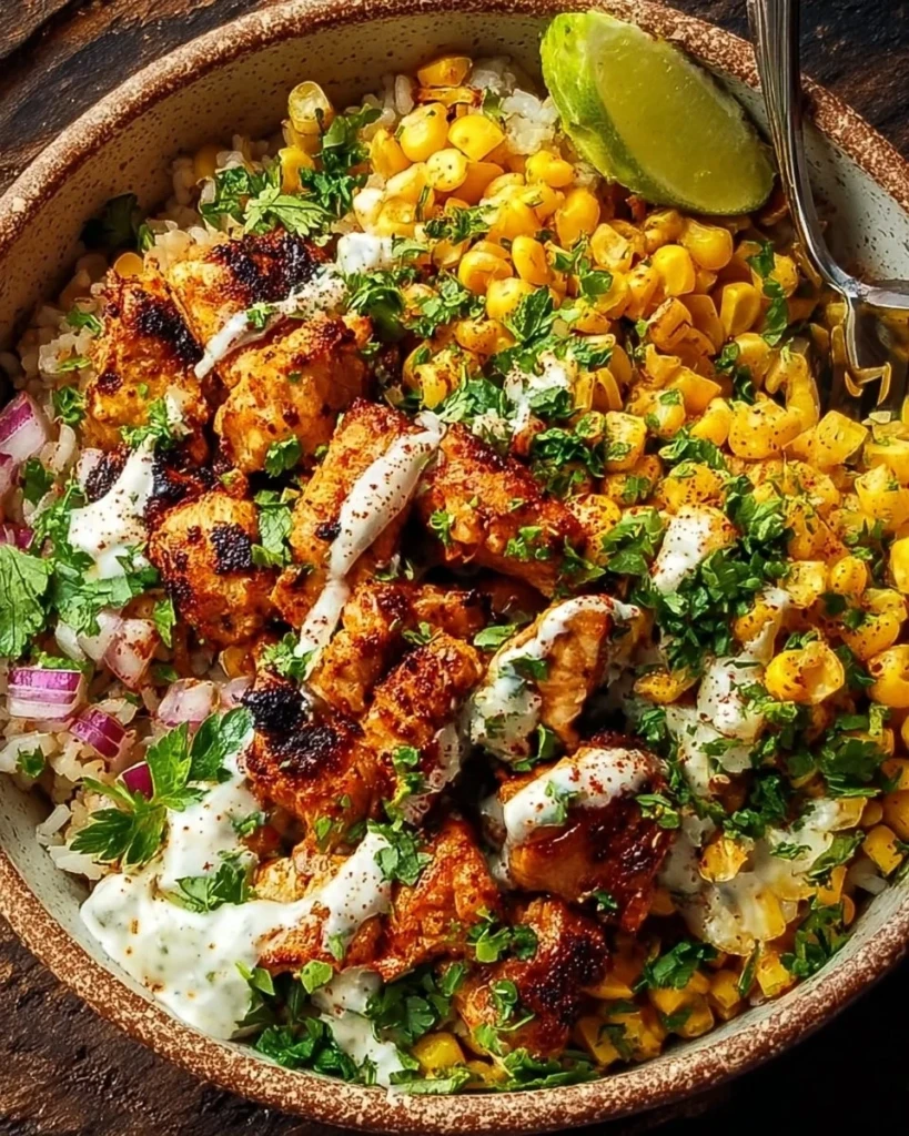 Delicious street corn chicken bowl with juicy chicken and fresh toppings