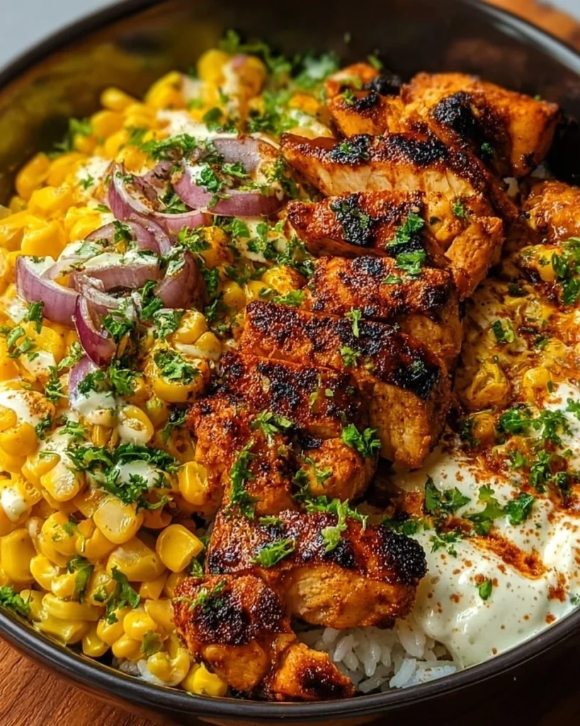 Delicious street corn chicken bowl with toppings and garnishes.