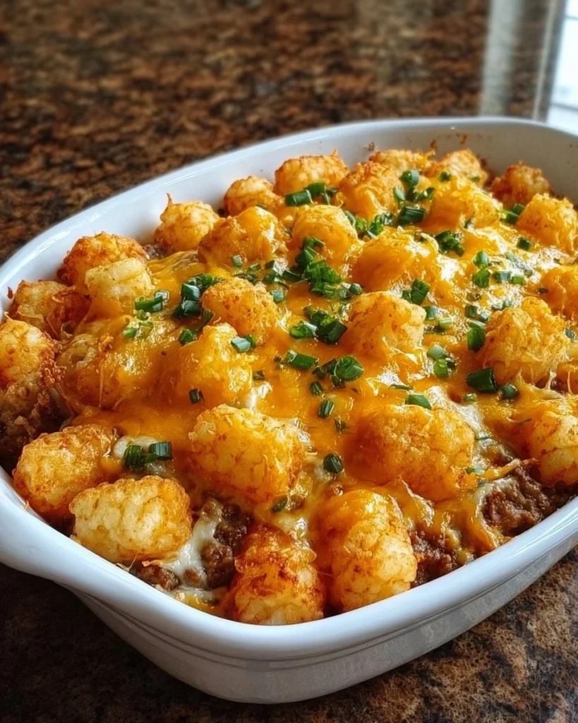 Delicious Tater Tot Casserole baked and ready to serve.