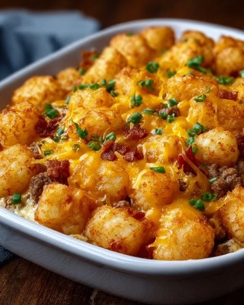 Cheesy Tater Tot Casserole baked to perfection in a glass dish
