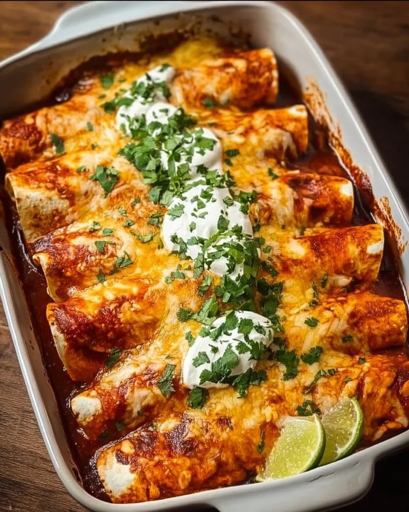 Quick and easy chicken enchiladas served on a plate with toppings