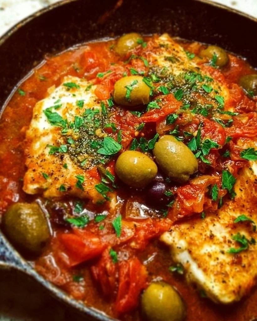 Plate of savory fish puttanesca with olives and tomatoes
