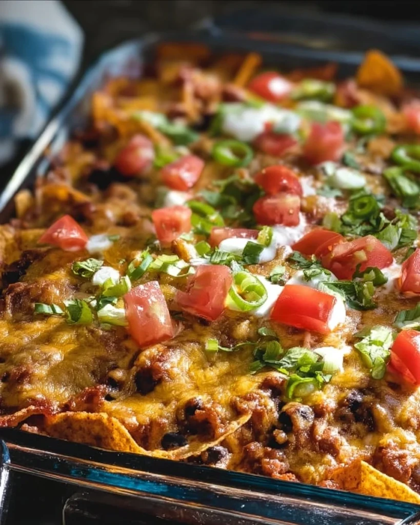 Delicious Walking Taco Casserole topped with cheese and sour cream