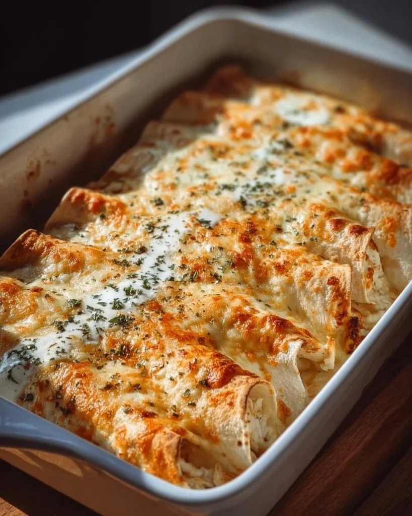 Protein-rich chicken enchiladas topped with dreamy white sauce