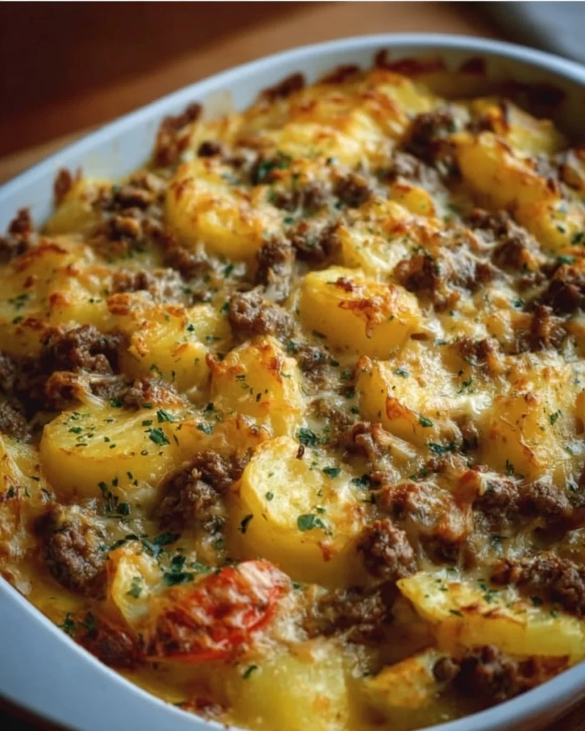 Delicious 5-Ingredient Hamburger and Potato Casserole in a baking dish
