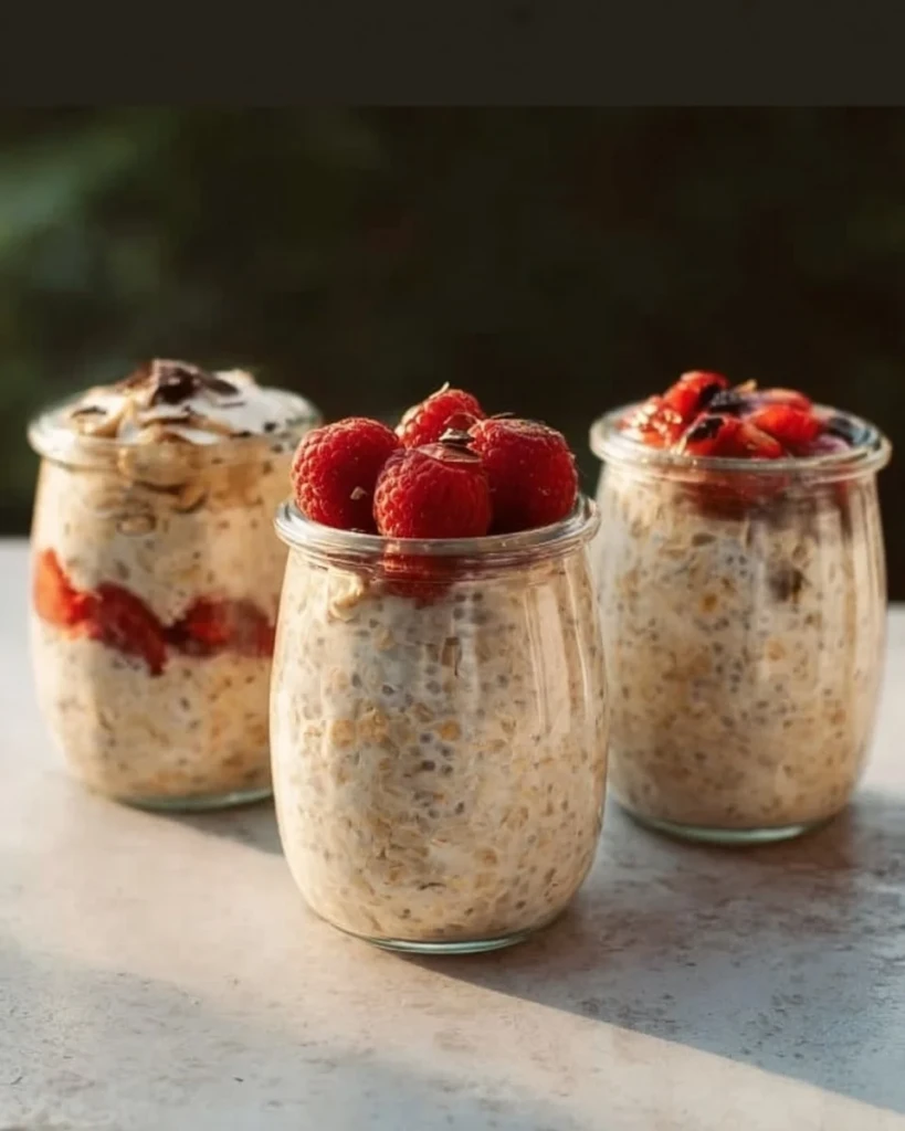 Bowl of colorful overnight oats with fruits and toppings for a healthy breakfast