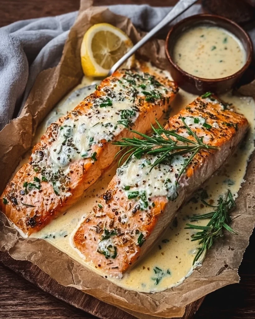 Baked Boursin Salmon garnished with herbs on a serving plate