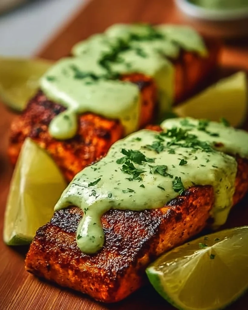 Baked Cajun Salmon topped with creamy avocado lime sauce on a plate