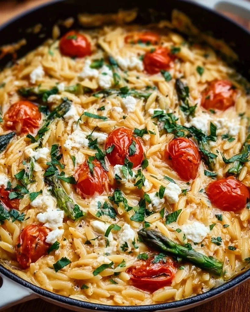 Baked feta orzo served in a white bowl with fresh herbs and vegetables