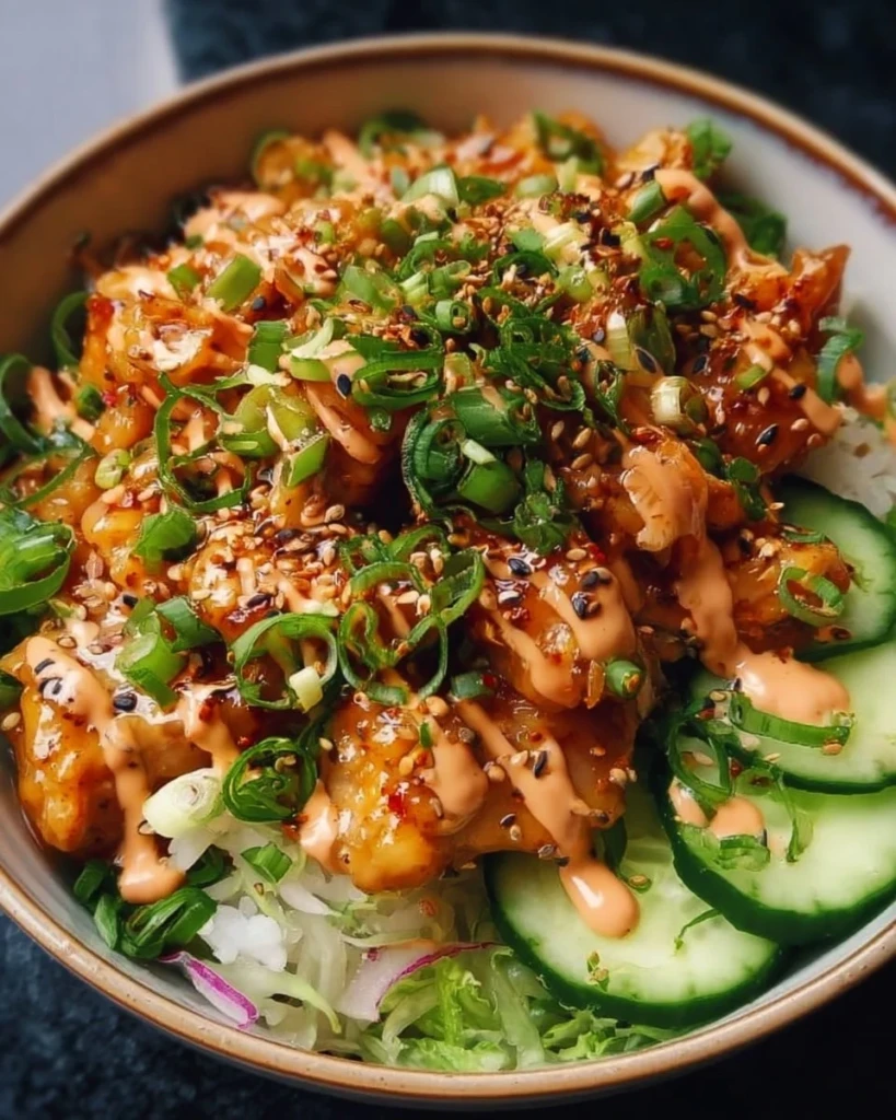 Delicious Bang Bang Chicken Bowl topped with fresh ingredients and spicy sauce