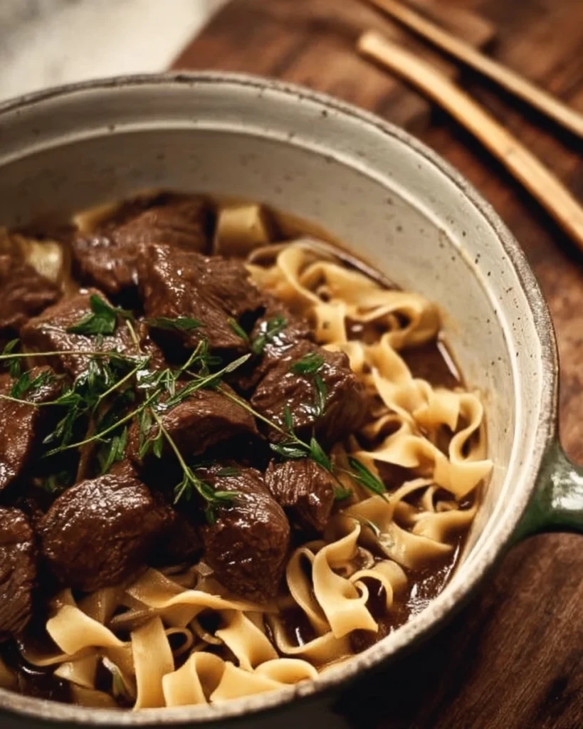 Delicious beef and noodles dish served in a bowl, garnished with vegetables.