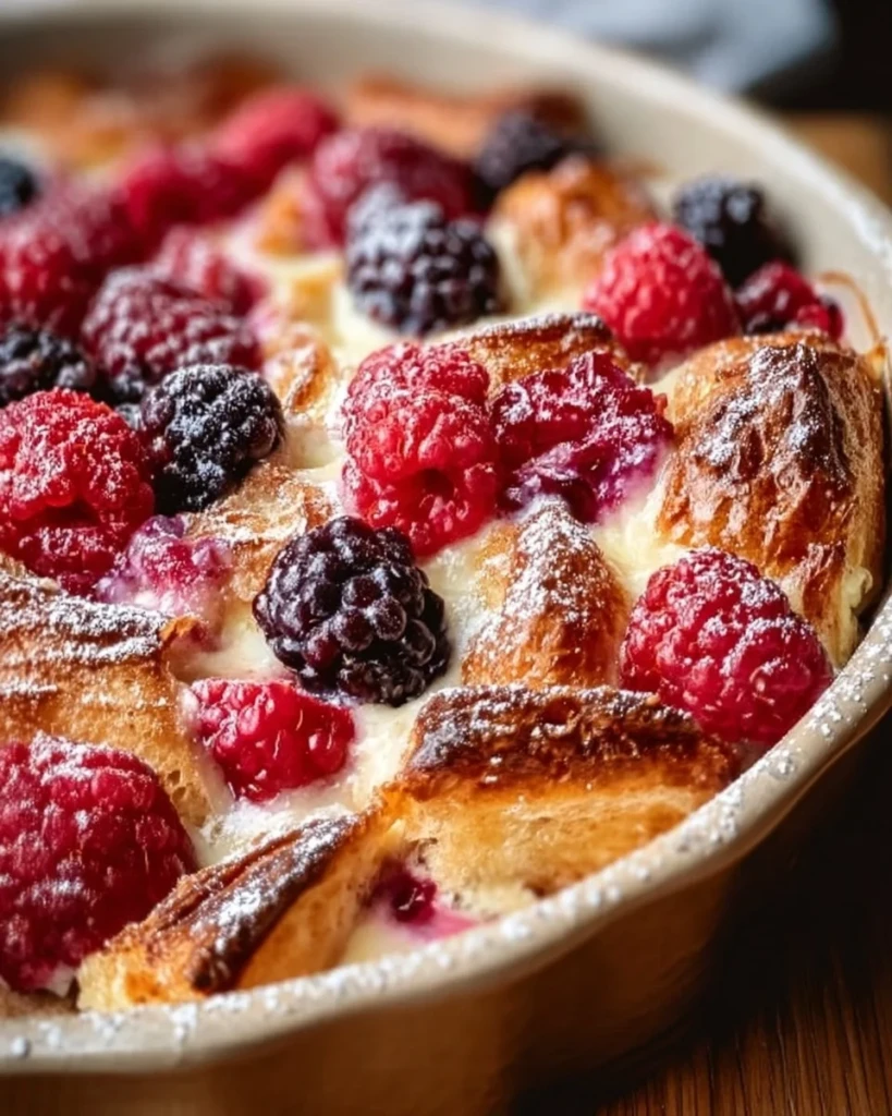 Delicious berry croissant breakfast bake with mixed berries and cream