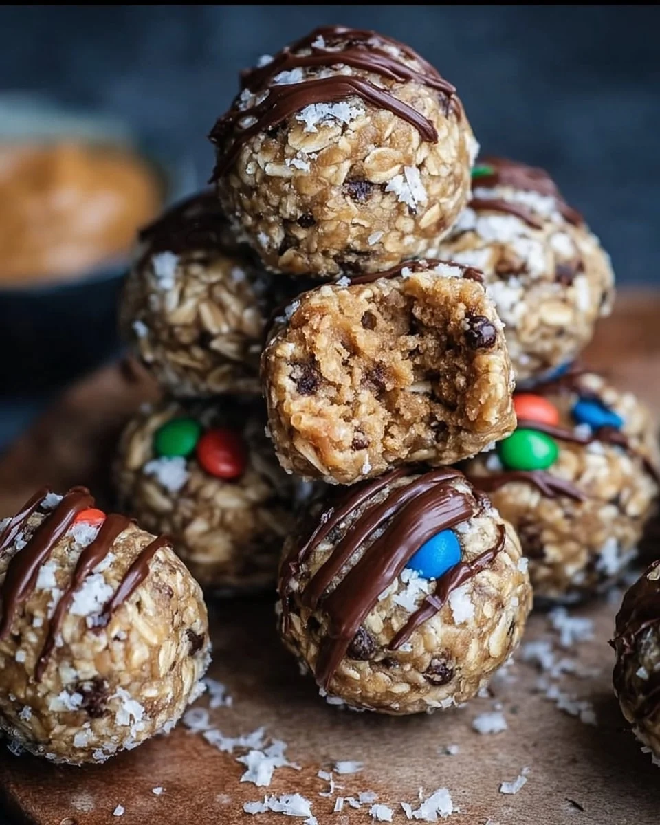 Plate of delicious monster cookie protein balls filled with chocolate and nuts