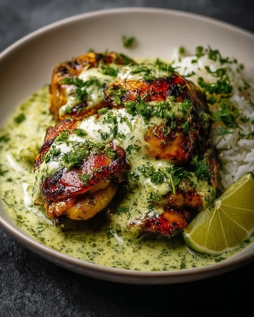 Delicious Peruvian chicken served with a creamy green sauce for a savory meal.