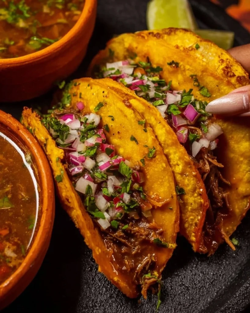 Delicious Birria Tacos served with consomé and fresh toppings