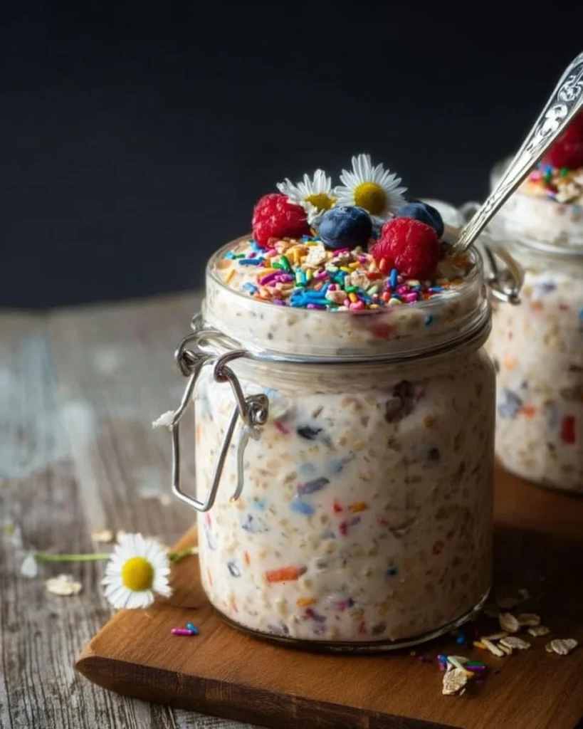Colorful birthday cake overnight oats topped with sprinkles and fruit.